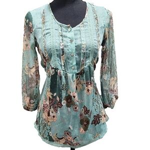 Floral Mint Green Peasant Blouse - Women